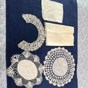 Vintage White Lace Doily, pillowcase, collar and hanki lot